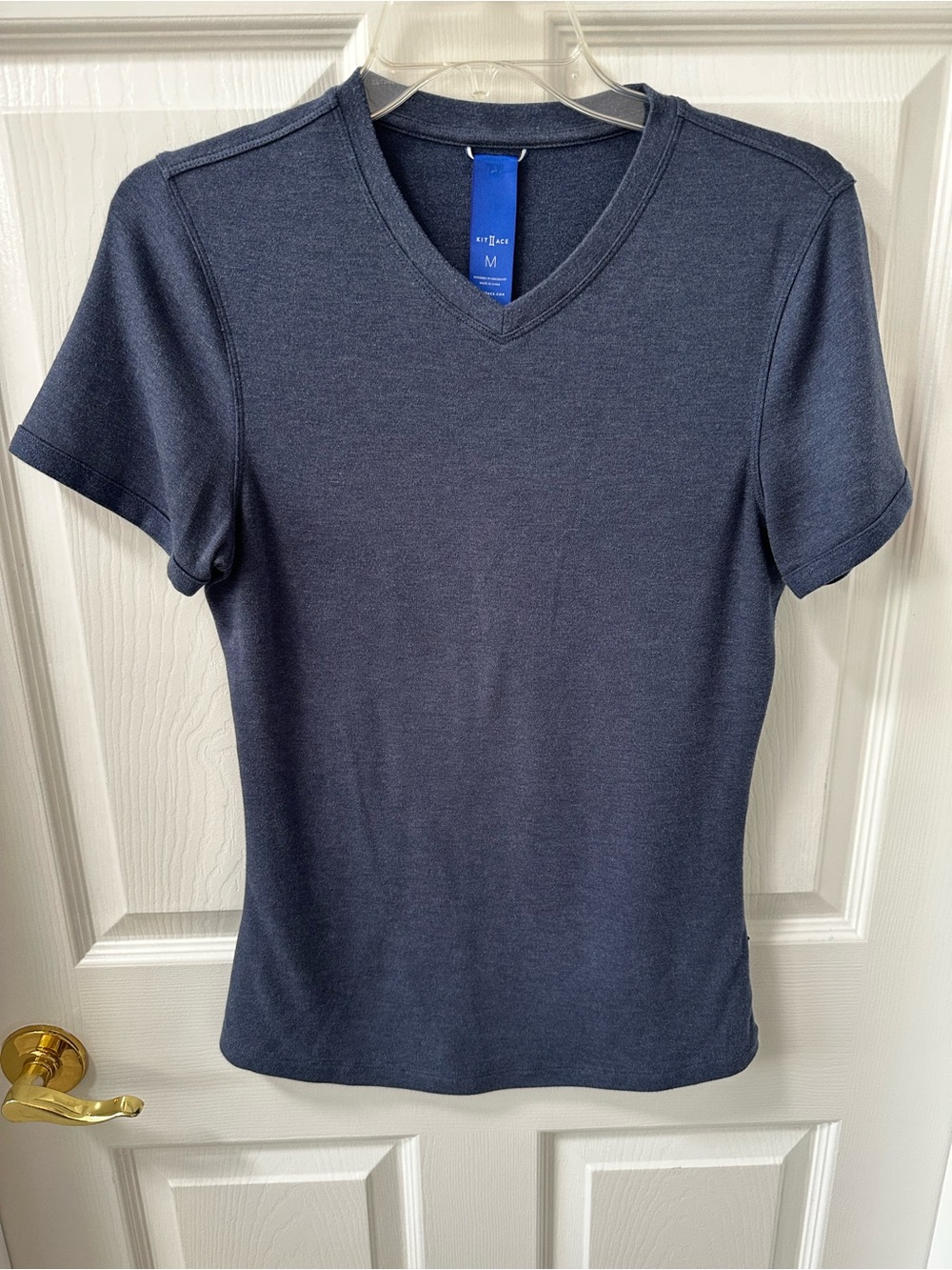 KIT AND ACE Luxury Heathered Navy Wool Blend V-Neck Tee Soft Blue Capsule Basics